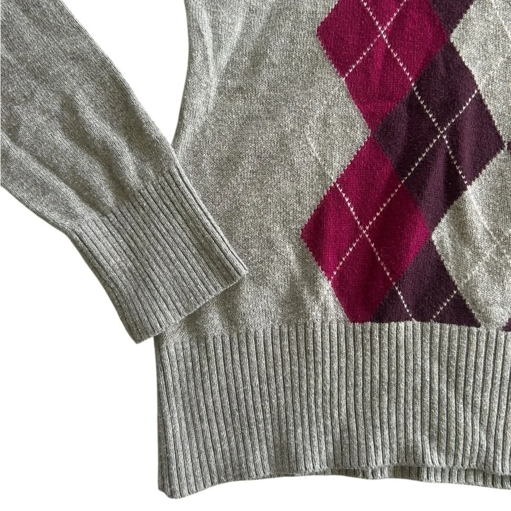 Argyle Plaid Burgundy Grey Preppy Cotton Long Sleeve Sweater Size Small